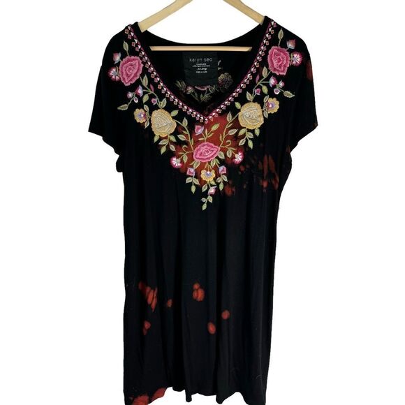 Karen Seo Black Embroidered Bodice V-Neck Dress Sz XL - Picture 1 of 9